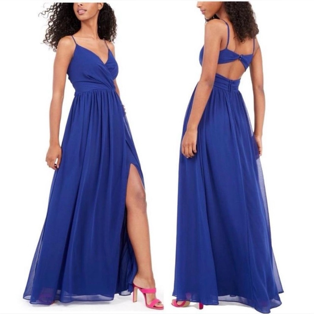 New City Studio Open Back High Slit Chiffon Gown Maxi Dress Royal Blue Size 3